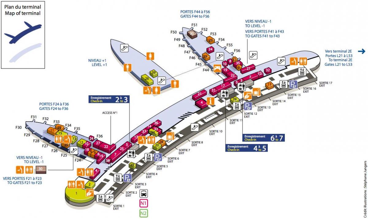 Карта Шарль-де-Голль аэропорт терминал 2Ф